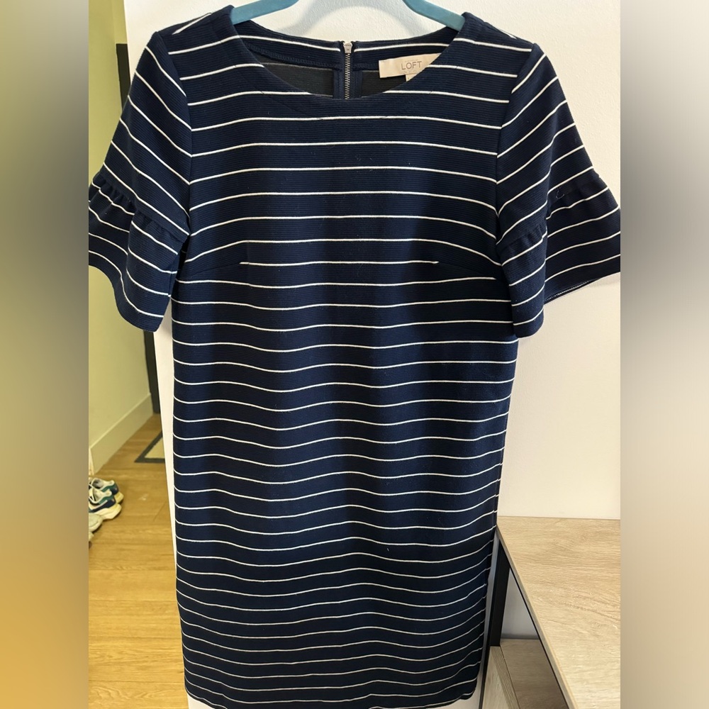 LOFT Short Bell Sleeve Navy Blue and White Striped Dress
